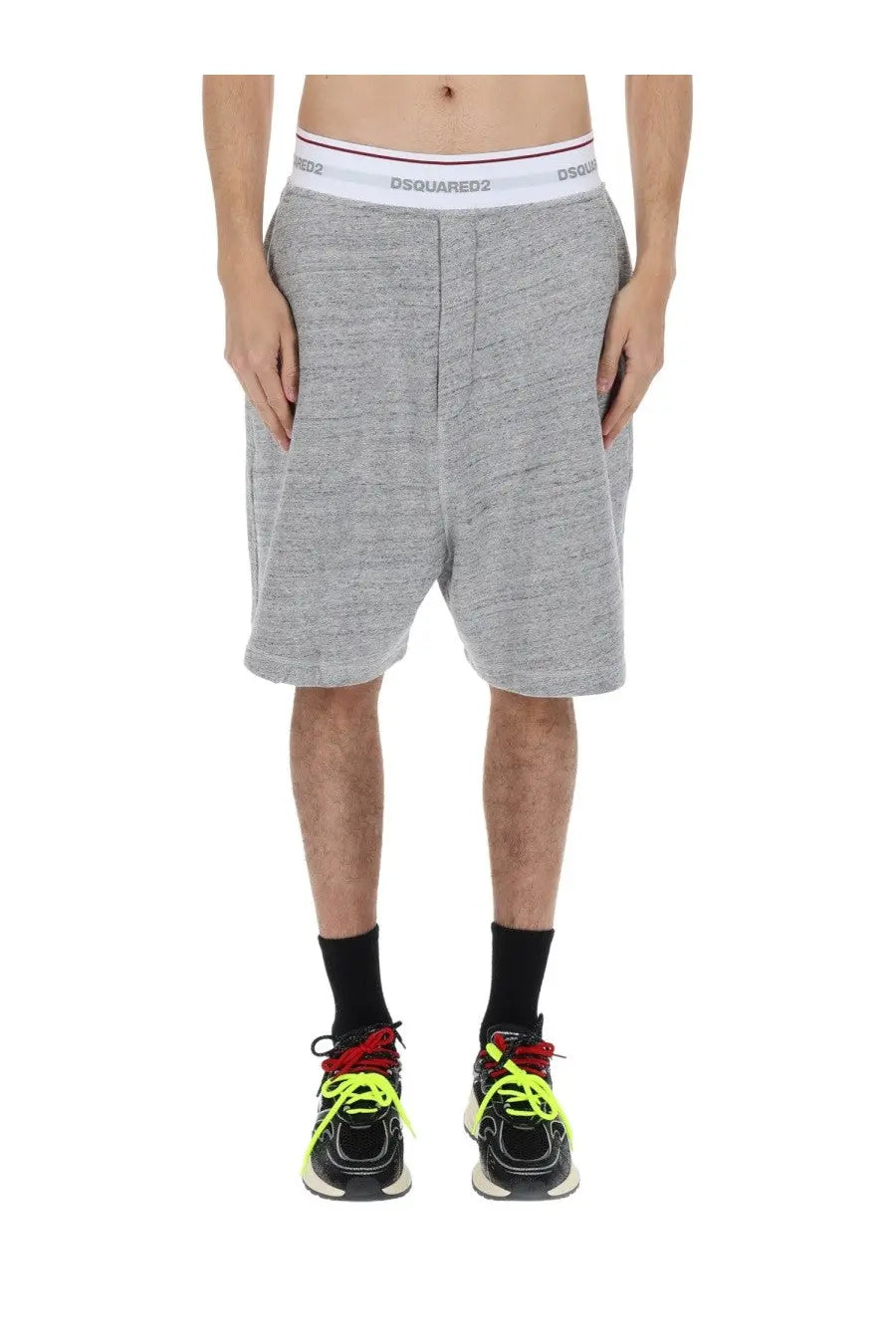 Dsquared2 men’s oversize grey heathered shorts with white elastic waistband and black brand logo text