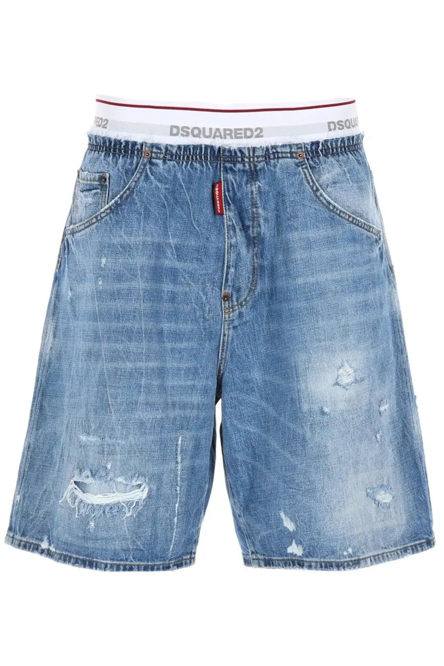Dsquared2 men’s blue distressed denim shorts with white elastic waistband featuring dsquared2 logo