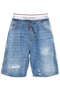Dsquared2 men’s blue distressed denim shorts with white elastic waistband featuring dsquared2 logo