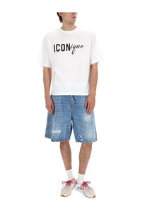White cotton t-shirt with iconique in black script paired with dsquared2 men’s shorts surfer con blue