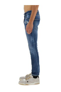 Dsquared2 men’s skater jeans blue slim fit blue denim with faded wash and distressed details on thigh