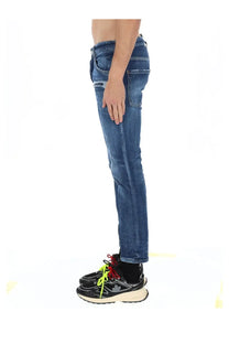 Dsquared2 men’s blue denim slim fit skater jeans with distressed hem details