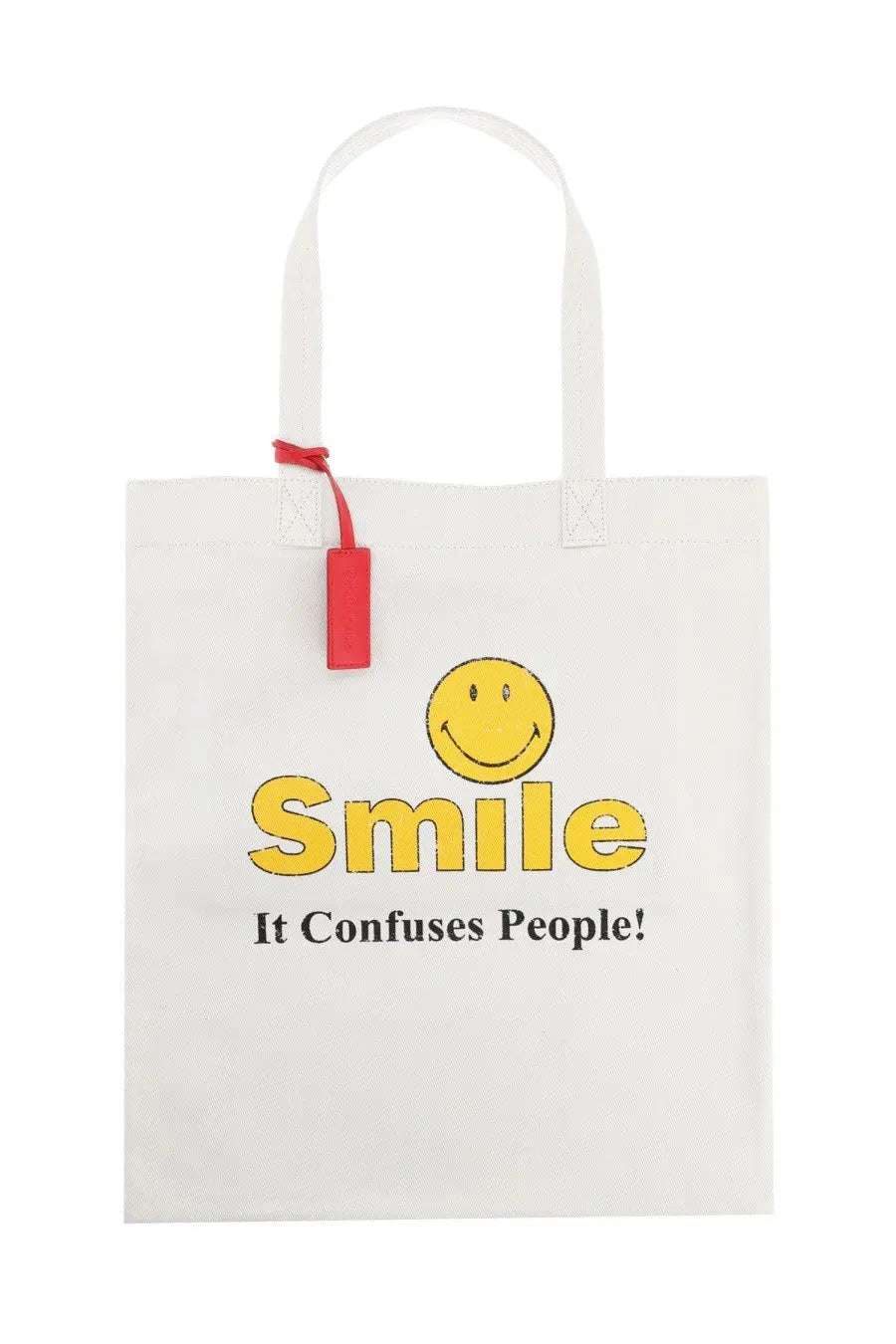 Dsquared2 men’s white canvas tote bag with yellow smiley face and smile it confuses people text and red handle tag