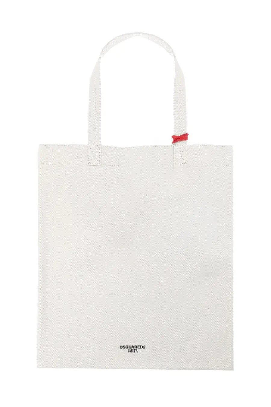 White dsquared2 tote bag with red ribbon accent at the handle.