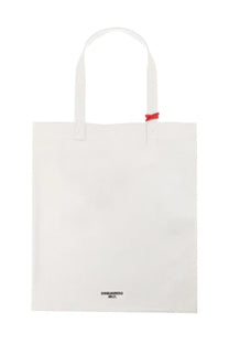 White dsquared2 tote bag with red ribbon accent at the handle.