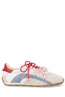 Dsquared2 men’s sneaker dc white in beige and white with red accents blue denim stripe and red and white laces