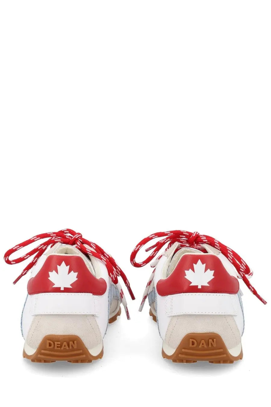 Back view of dsquared2 men’s white sneaker with red laces tan rubber soles and red maple leaf logo on heel
