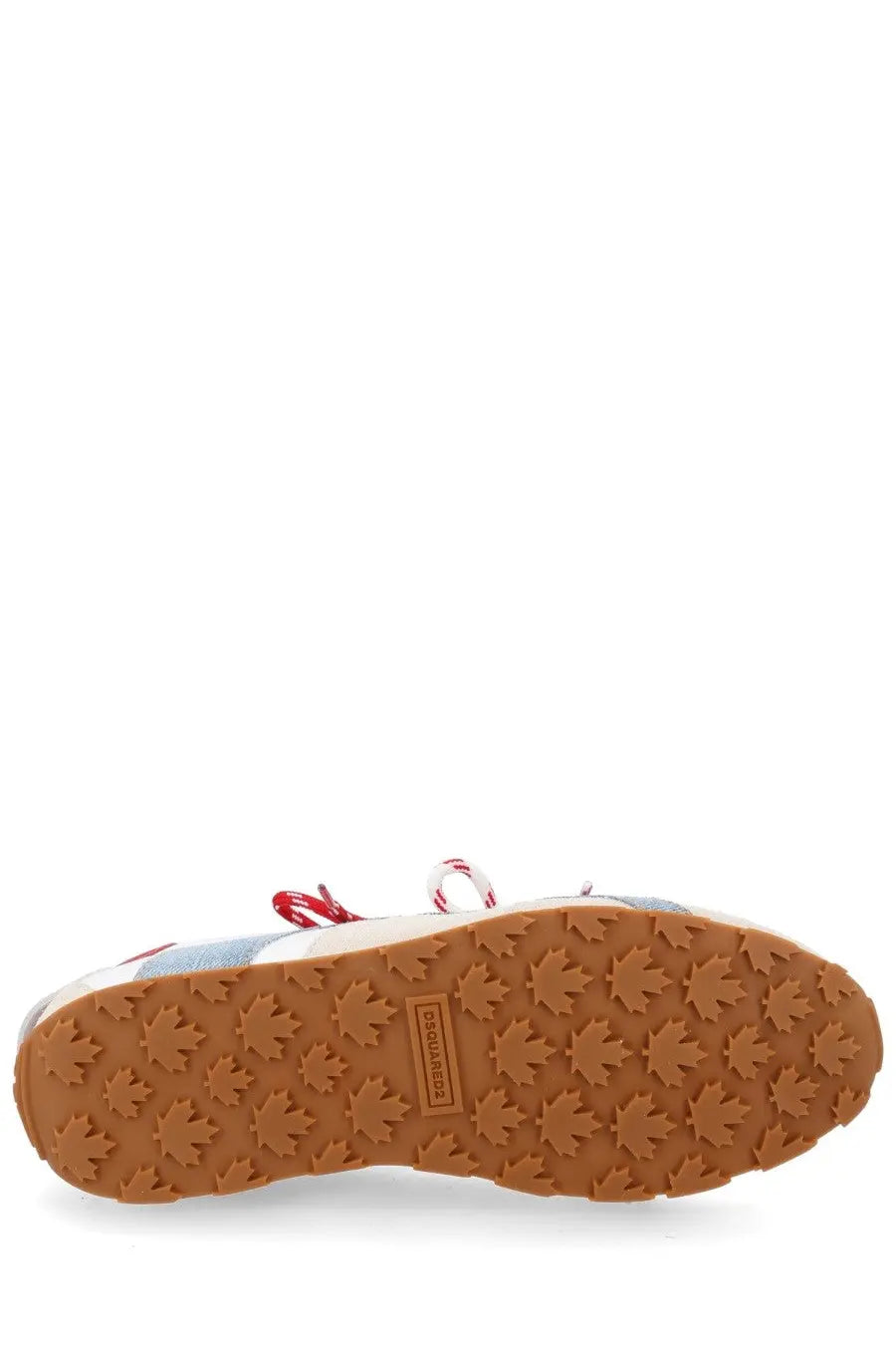 Dsquared2 men’s sneaker DC white with white and red stripes and tan rubber sole featuring maple leaf patterns
