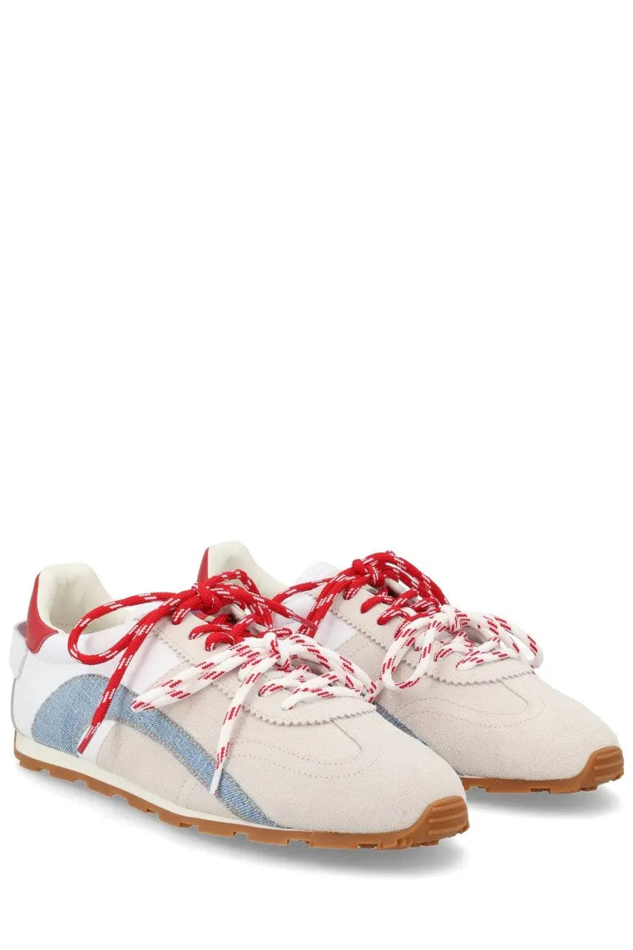Dsquared2 men’s sneaker DC white featuring white suede, red and white laces, blue denim panel, and tan rubber soles
