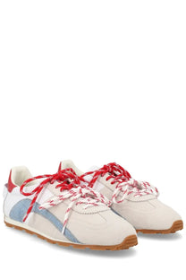 Dsquared2 men’s sneaker DC white featuring white suede, red and white laces, blue denim panel, and tan rubber soles