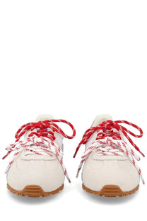 Dsquared2 men’s sneaker DC white featuring white suede, red and white patterned laces, and tan rubber sole