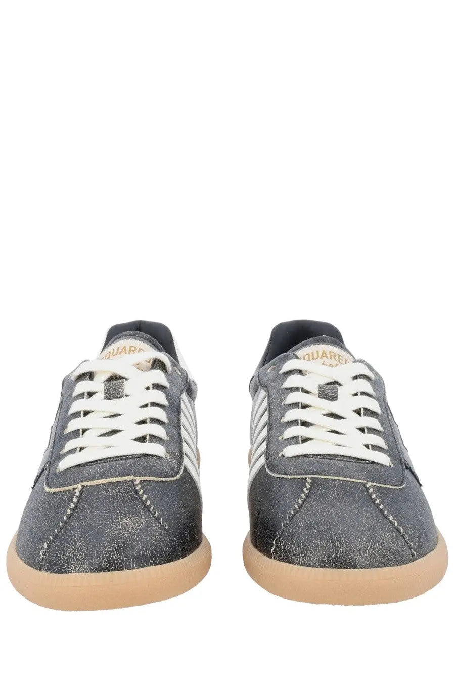 Dsquared2 men’s sneaker rebels black dark gray suede low-top sneakers with white laces and tan rubber sole