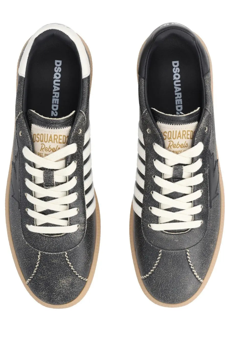Dsquared2 men’s sneaker rebels black with white laces three stripes and gum-colored rubber sole in leather and fabric