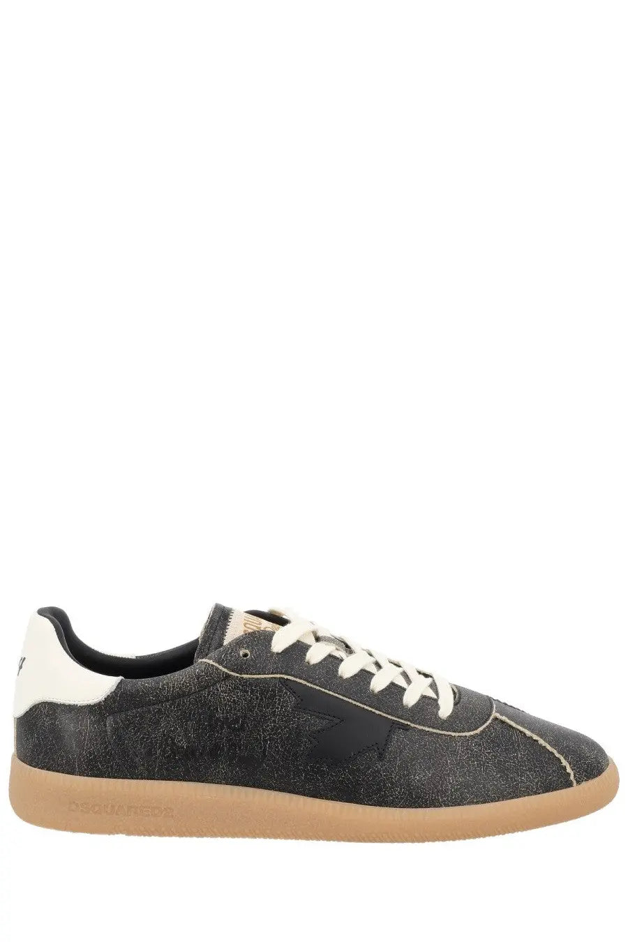 Dsquared2 men’s sneaker rebels black featuring black suede, white heel tab, cream laces, and tan rubber sole with embossed brand name