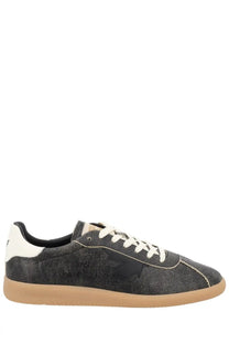 Dsquared2 men’s sneaker rebels black featuring black suede, white heel tab, cream laces, and tan rubber sole with embossed brand name