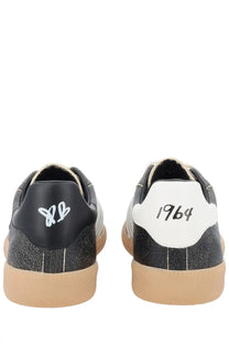 Back view of dsquared2 men’s sneaker rebels black black and white cracked leather sneakers with logo and 1964 embroidery