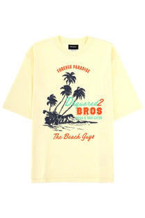 Dsquared2 men’s summer vintage yellow short-sleeved t-shirt with tropical beach graphic and bold orange logo lettering