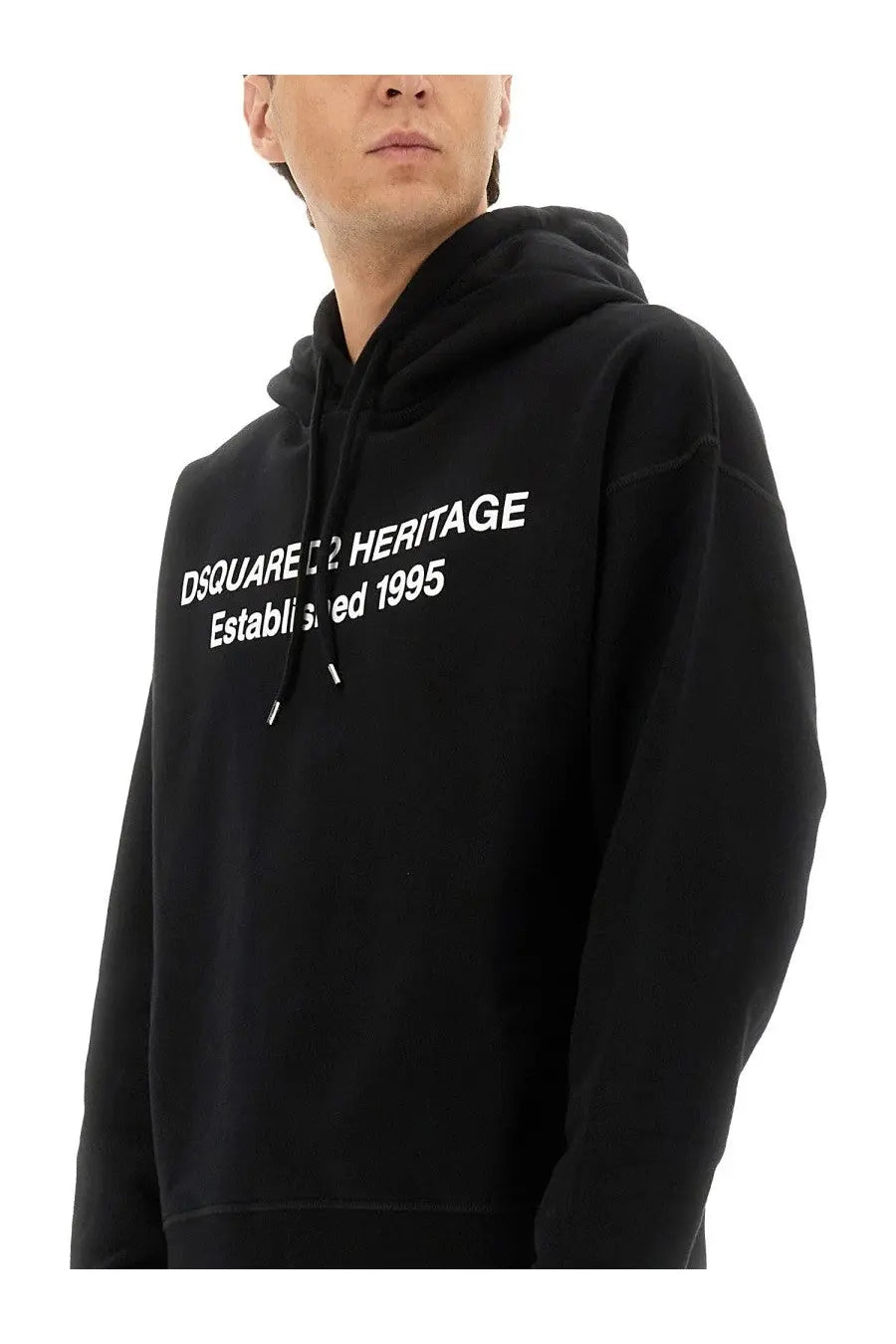 Dsquared2 men’s black heritage hoodie with white established 1995 text across the chest for casual wear