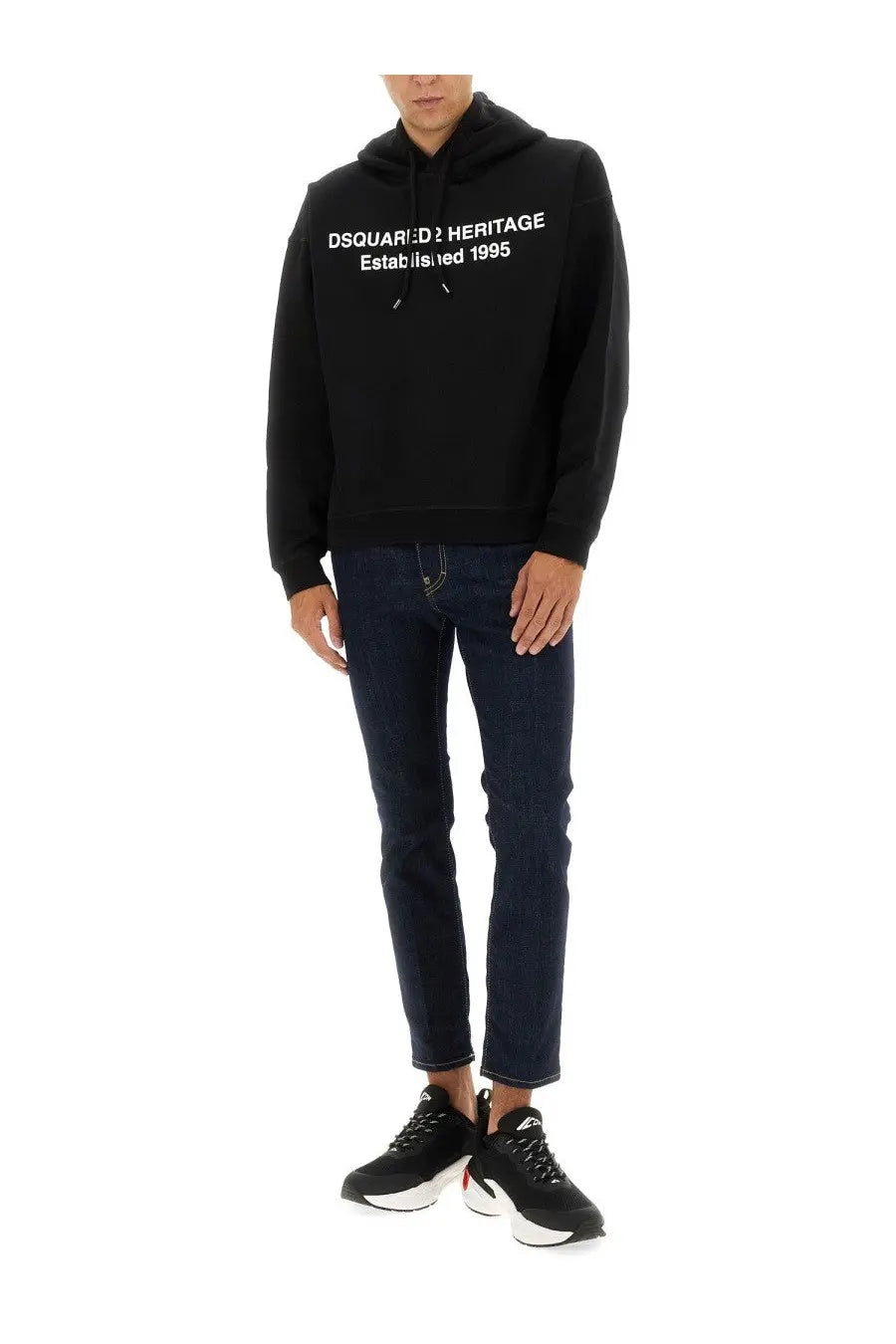Dsquared2 men’s black heritage hoodie with white established 1995 text across the chest for casual wear
