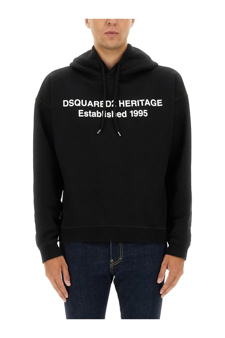 Dsquared2 men’s sweatshirt black featuring a black heritage hoodie with white lettering and white drawstrings
