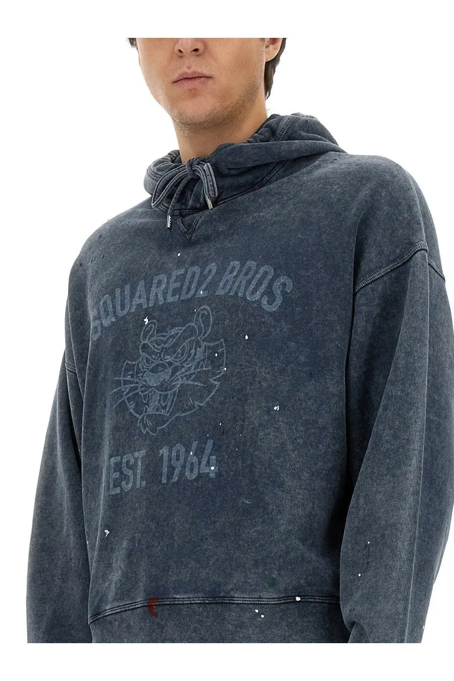 Dark gray distressed Dsquared2 men’s hoodie with faded tiger logo and est design in a casual sweatshirt style