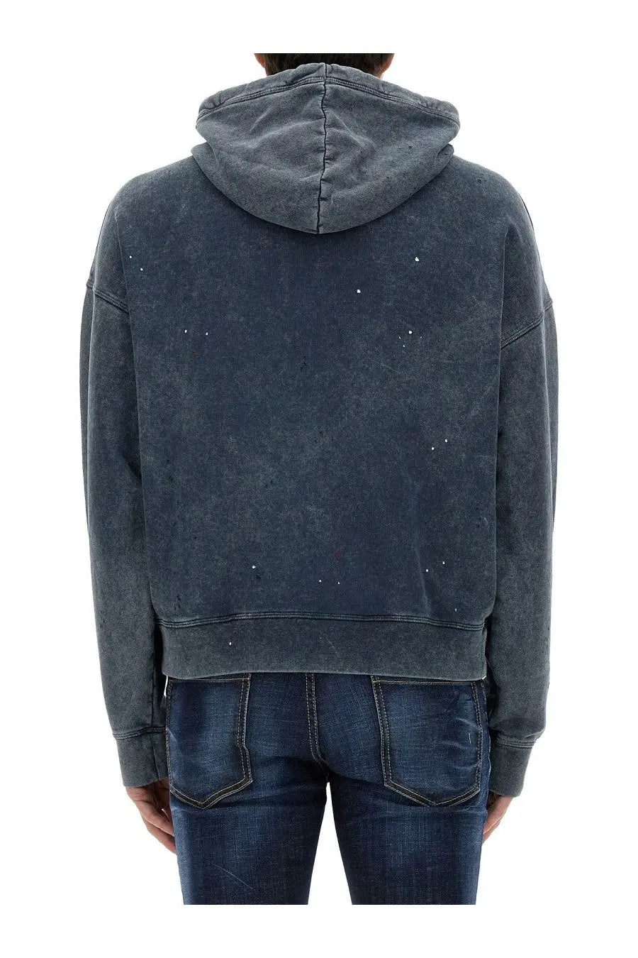 Dsquared2 men’s dark gray distressed hoodie with subtle white speckles and relaxed oversized fit