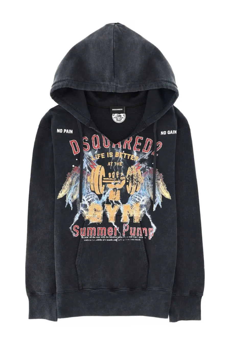 Black Dsquared2 men’s sweatshirt hoodie with faded graphic print and distressed texture in grey material