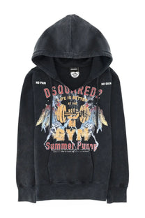 Black Dsquared2 men’s sweatshirt hoodie with faded graphic print and distressed texture in grey material