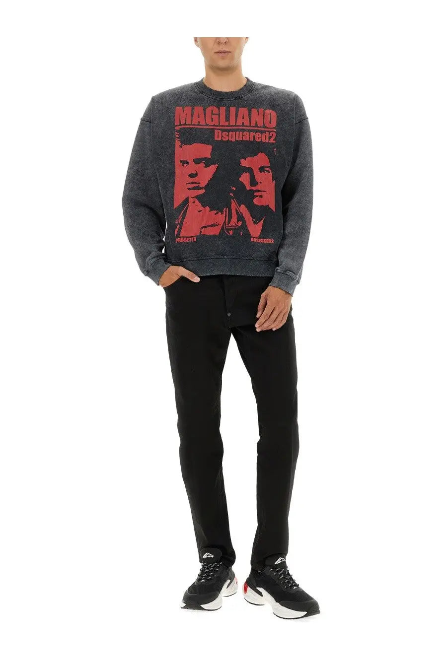 Dark gray dsquared2 men’s sweatshirt with bold red graphic print of two faces and magliand dsquared2 text