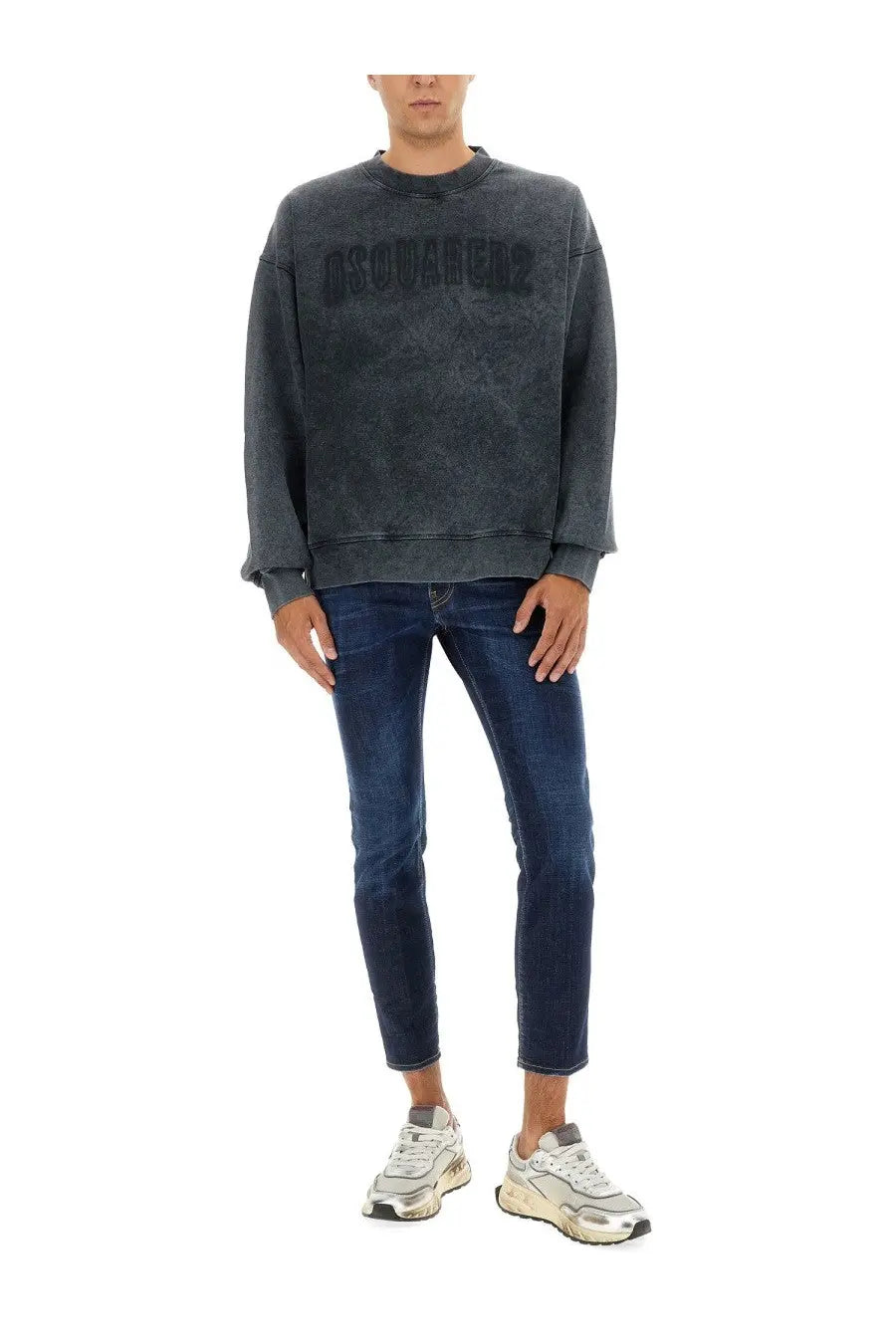 Dark gray distressed Dsquared2 men’s sweatshirt with faded logo across the chest in soft cotton material