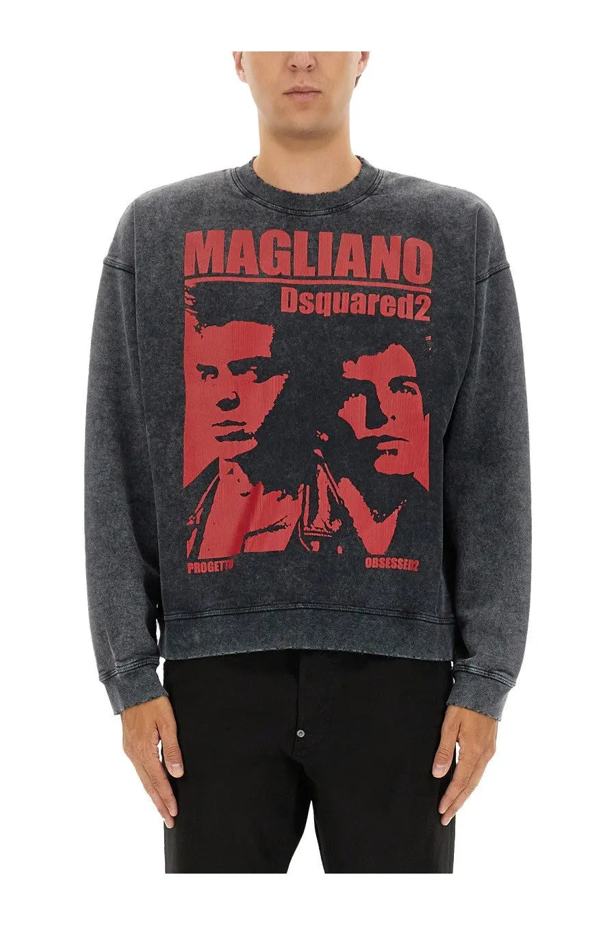 Dark gray distressed dsquared2 men’s sweatshirt with bold red graphic of two faces and magliano dsquared2 logo