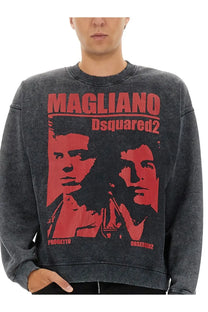 Dsquared2 men’s dark gray distressed sweatshirt with bold red magliano branding and graphic print of two stylized faces