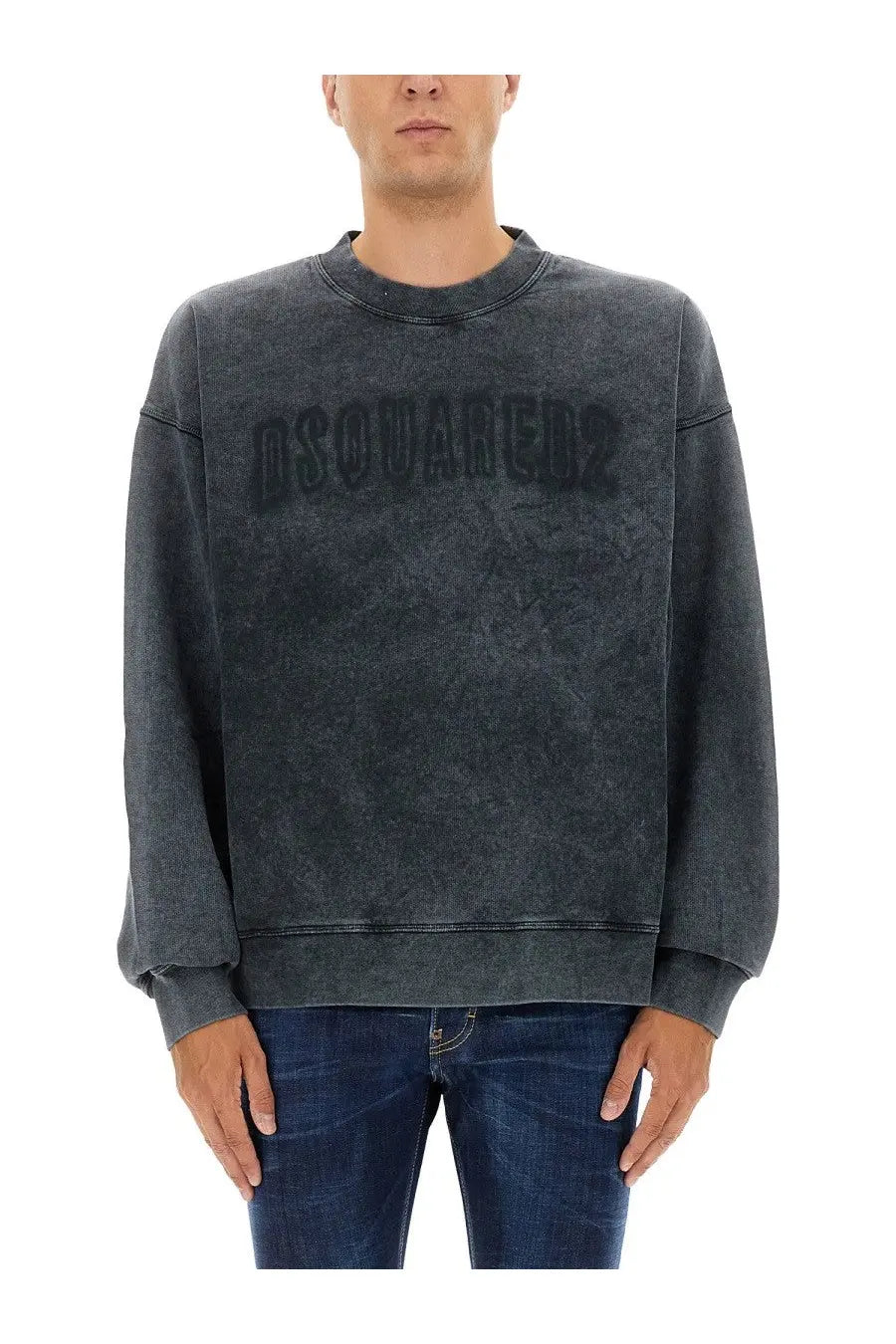 Dsquared2 men’s grey distressed cotton sweatshirt with faded logo across the chest