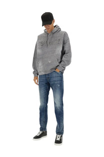 Dsquared2 men’s grey sweatshirt made of distressed fabric with silver glitter lettering logo across the chest