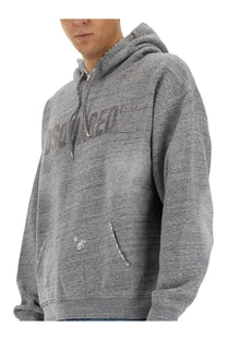 Dsquared2 men’s grey heathered hoodie with rhinestone embellished logo and front pocket for casual wear