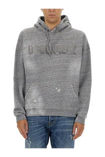 Dsquared2 men’s grey hoodie with rhinestone embellished logo and distressed details in soft fabric
