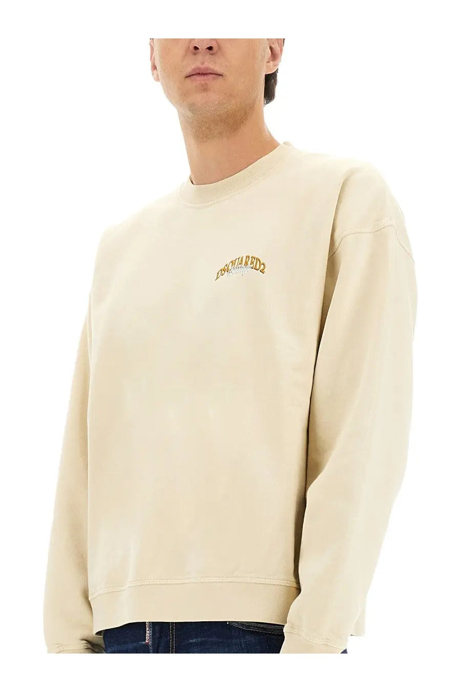 Cream-colored Dsquared2 men’s sweatshirt with small embroidered logo on chest in soft cotton fabric