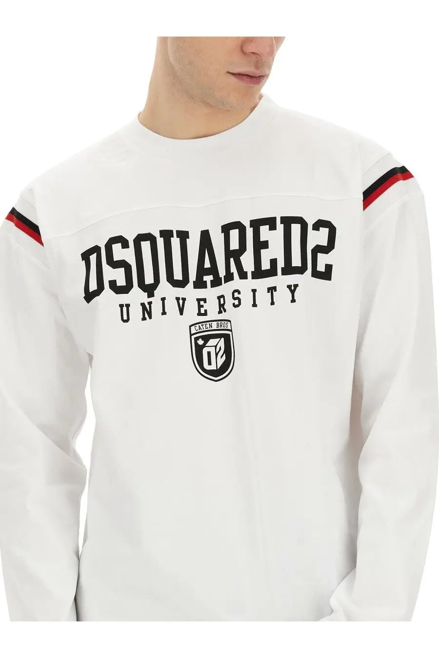 Dsquared2 men’s white long-sleeved sweatshirt with black university lettering and red navy shoulder stripes
