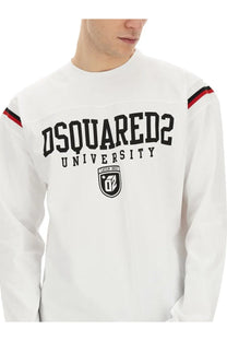 Dsquared2 men’s white long-sleeved sweatshirt with black university lettering and red navy shoulder stripes