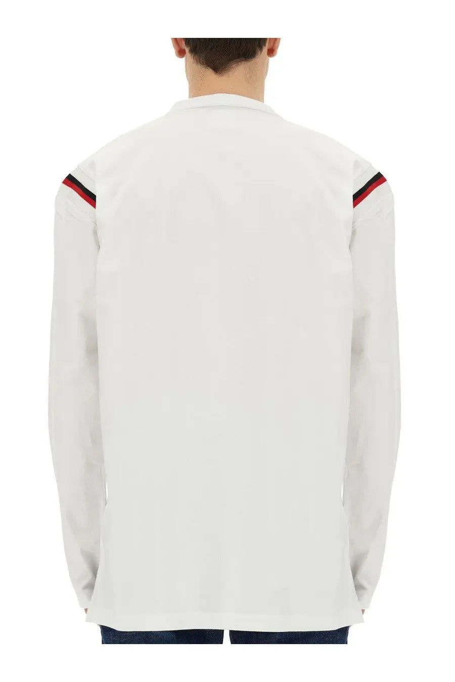 Dsquared2 men’s white sweatshirt with red and black striped accents on the shoulders long-sleeved design
