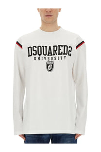 Dsquared2 men’s white long-sleeved university sweatshirt with black lettering and red black striped sleeve accents