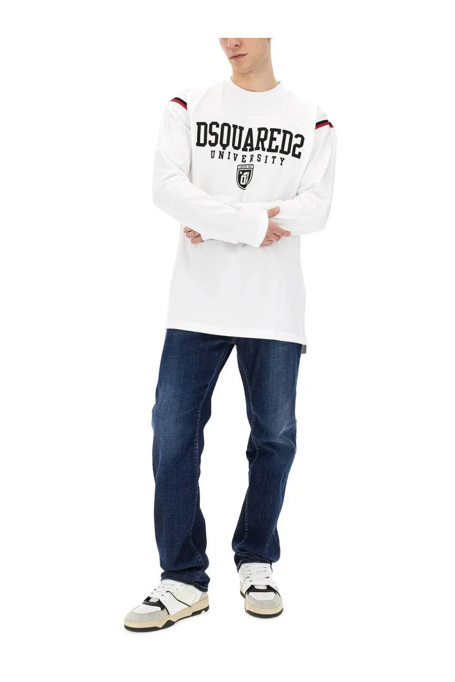 Dsquared2 men’s white long-sleeved university graphic tee with black lettering and red sleeve trim
