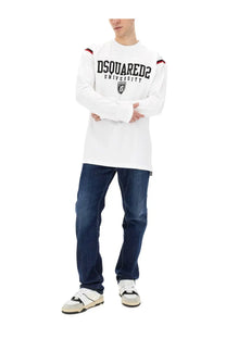 Dsquared2 men’s white long-sleeved university graphic tee with black lettering and red sleeve trim