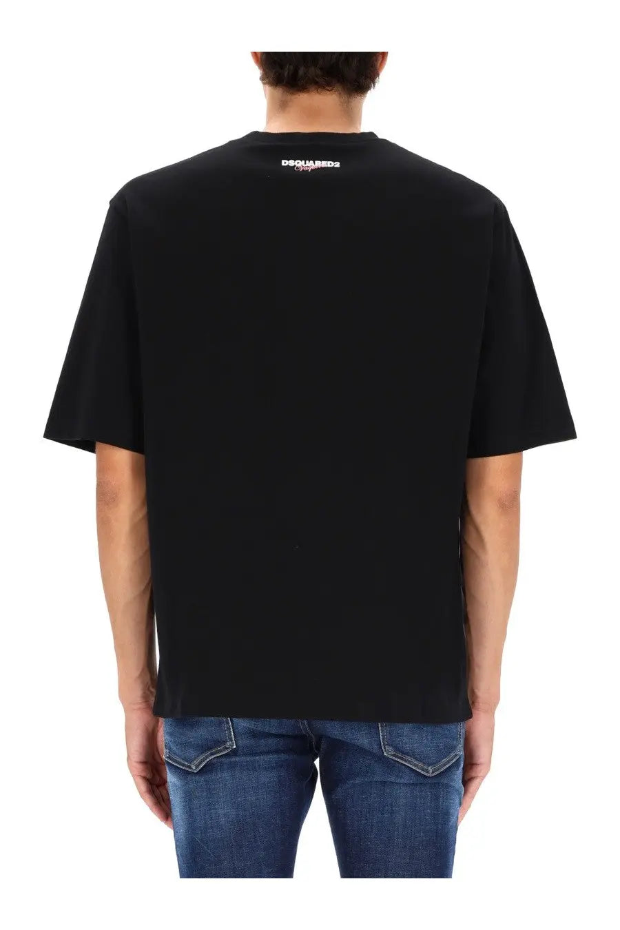 Back view of black dsquared2 men’s vaquera print t-shirt with short sleeves crew neck and white logo at collar