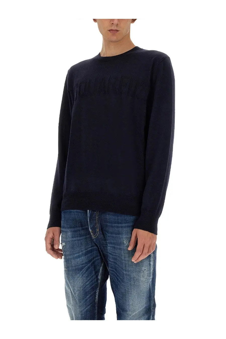 Dsquared2 men’s black long-sleeved wool knit sweater with subtle textured logo on the chest