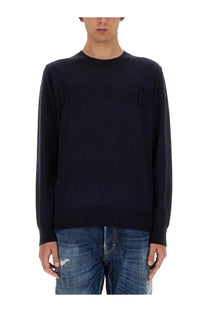 Dark navy dsquared2 men’s wool jersey crewneck sweater with subtle textured logo across the chest