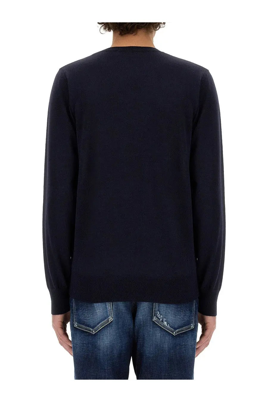 Navy blue knit wool jersey sweater for men by Dsquared2 with ribbed cuffs and hem