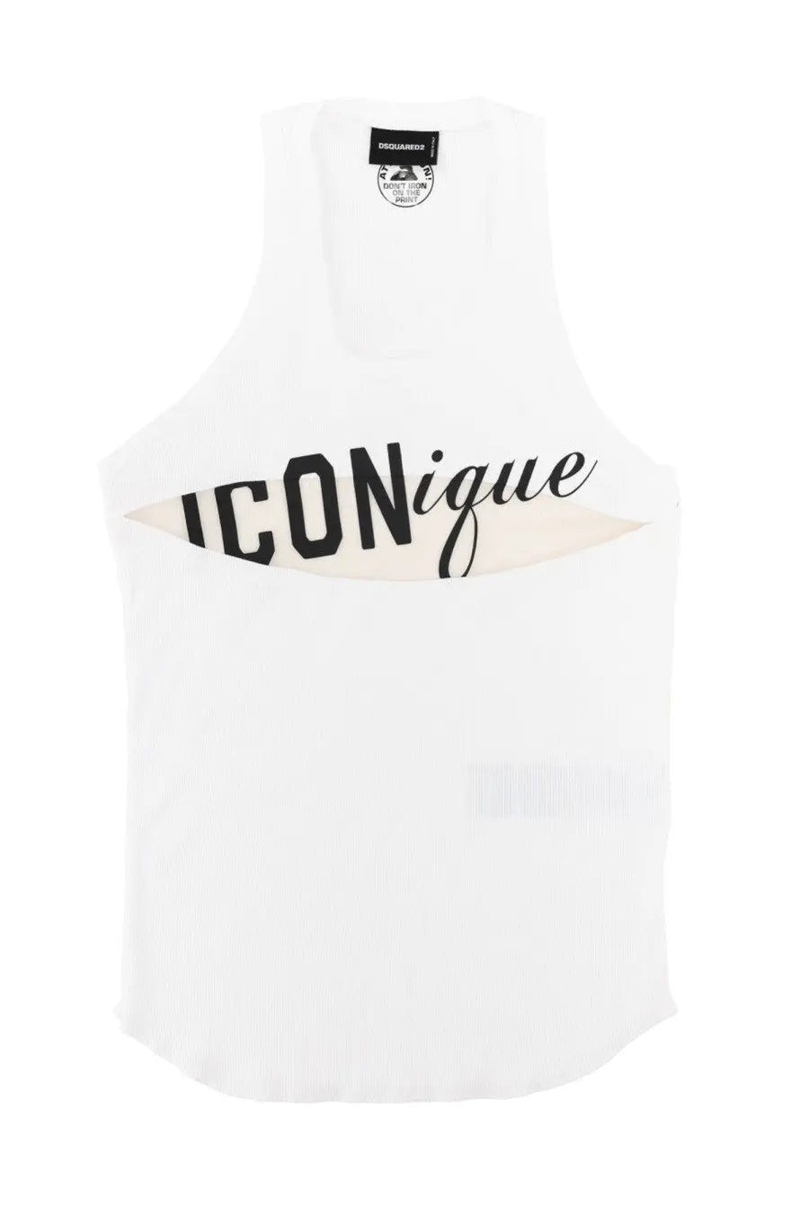 White dsquared2 unisex tank top with bold black iconique graphic and cut out detail in lightweight fabric