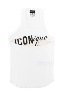 White dsquared2 unisex tank top with bold black iconique graphic and cut out detail in lightweight fabric