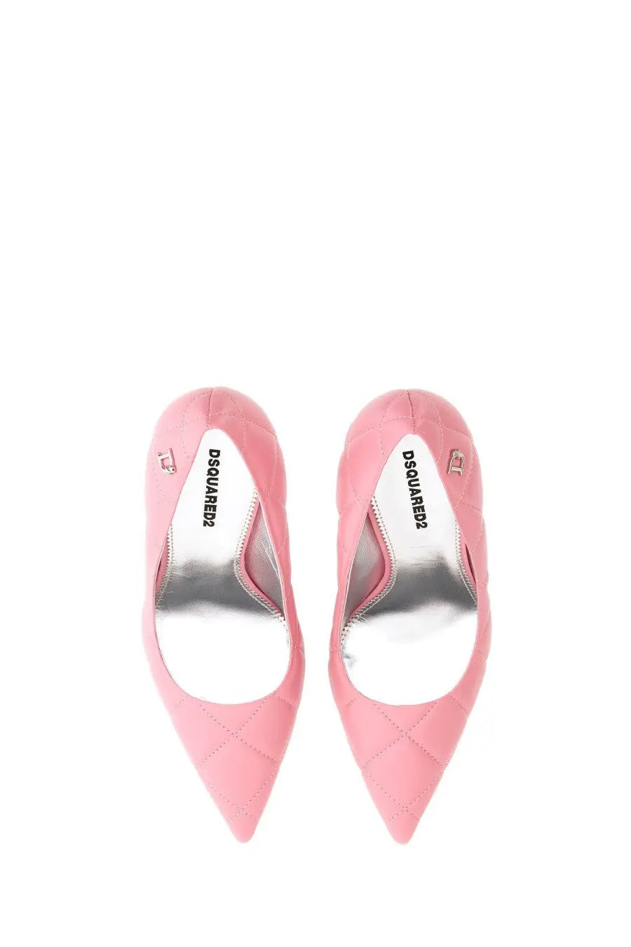 Dsquared2 women’s pink quilted suede pumps with pointed toe and metallic insole in a blue product setting